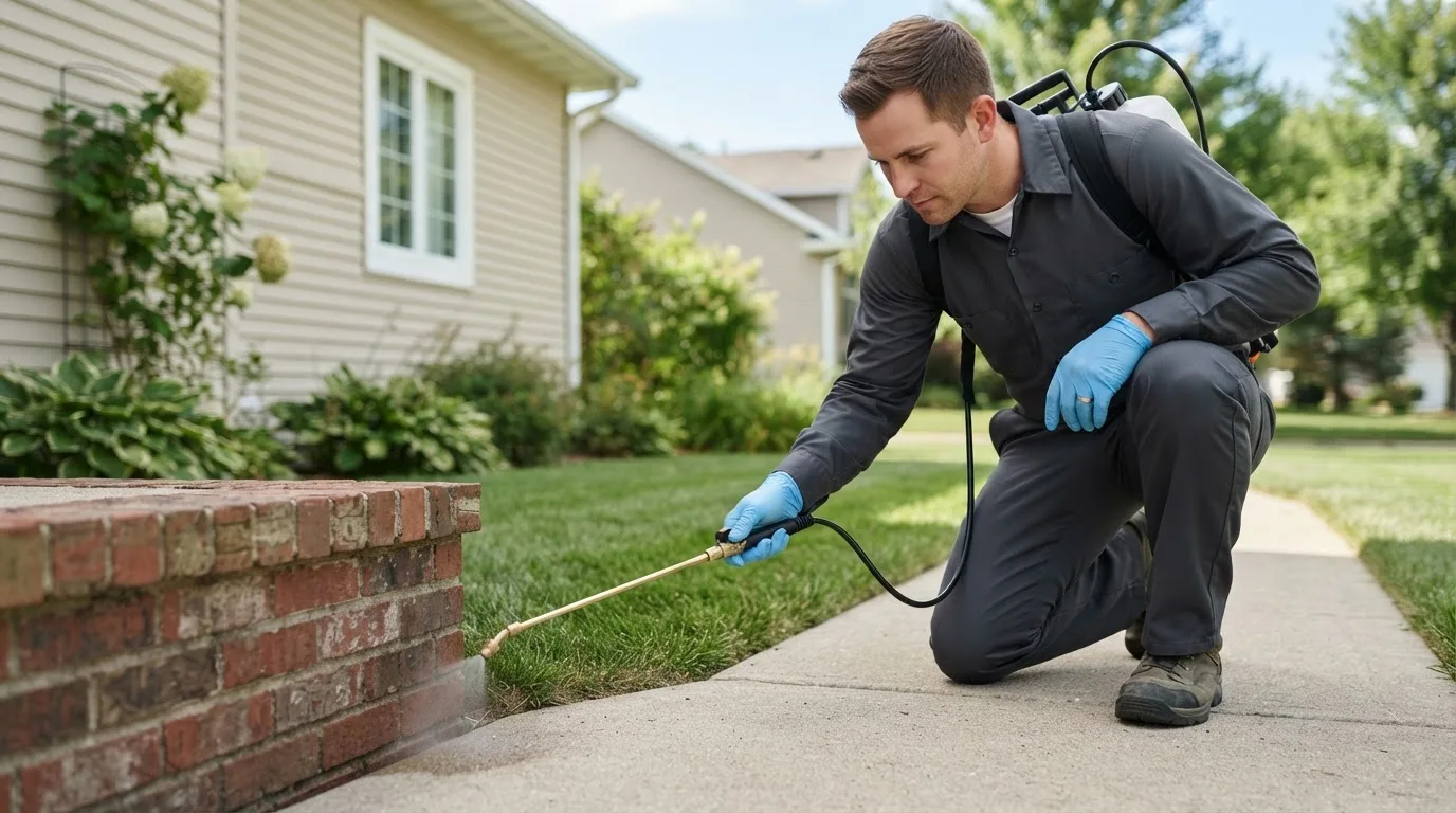 Pest control technician treating a home near Palestine, OH